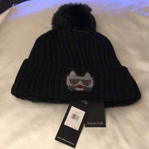 Karl Lagerfeld Paris Black Ribbed Beanie Choupette Patch Faux Fur Pom Pom OS NWT - Picture 2 of 16